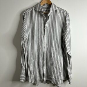 Stenströms Mens Linen Fitted Body Striped Button Down Shirt Gray Size 44 17 1/2